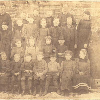 School children outside Stone Jug school house