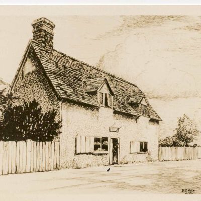 Print of an illustration of Bunyan Cottage Bedford, England