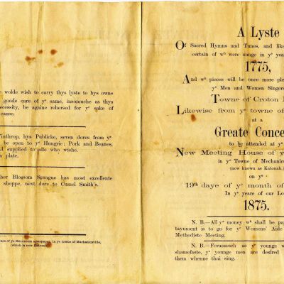 Program for a concert at the Katonah Methodist Church to raise money for their Women's Aide Society, based on a program for a similar event in 1775