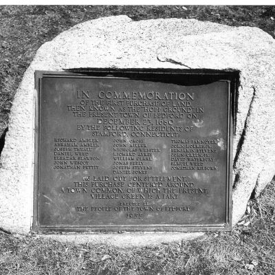 Commemorative plaque set in boulder on Village Green, listing names of 22 settlers of 1680.