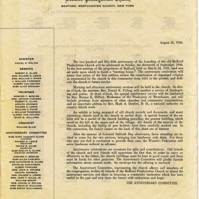 Anniversary of the Bedford Presbyterian Church, 1681-1936