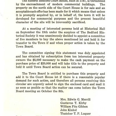 Leaflet about the purchase of property on the north side of the Court House, Committee of the Bedford Historical Society to Save the Court House, 1946