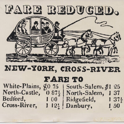 Copy of an advertisement for the reduced fare of a coach from New York to small cities and towns. Dated 10/13/2009 on back.