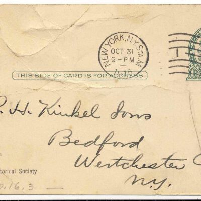 Postcard to P.H. Kinkel Sons from the New York Mineralogical Club