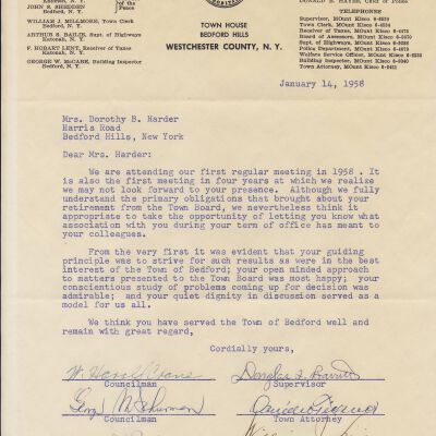 Letter from the Town Board to Mrs. Dorothy Harder after her retirement. 1958