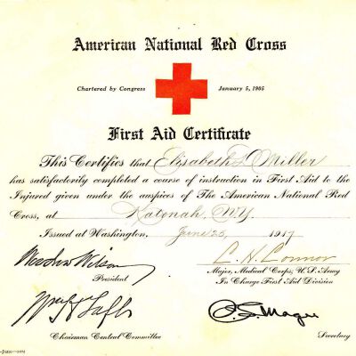 First Aid Certificate for Elizabeth D. Miller from the American National Red Cross, 1917