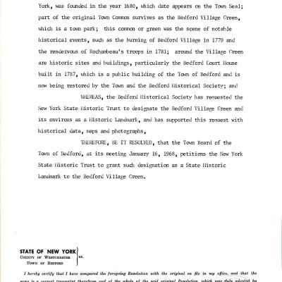 Resolution of the Bedford Town Board to seek status as a State Historic Landmark, 1968