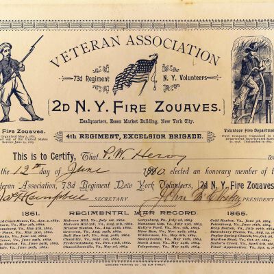 Certificate of membership for P.W. Heroy in the 2d NY Fire Zouaves Veteran Association