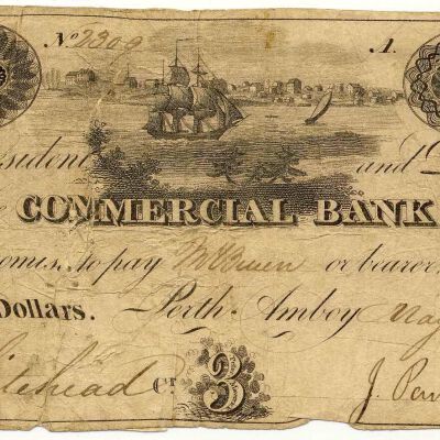 Commercial Bank of New Jersey $3 Bank Note, 1823