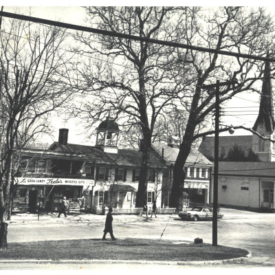 Bedford Village showing Trela Stationary Store, Bedford Free Library, the Fire House and the A&P