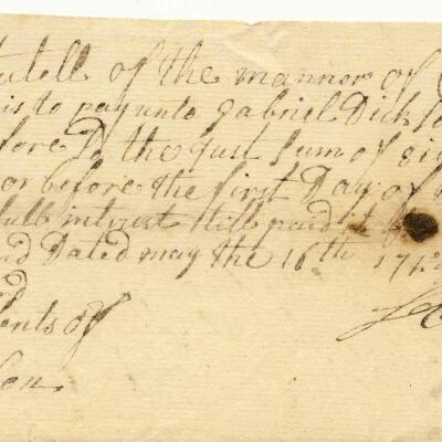 Agreement of debt from Solomon Tuttle to Gabriel Dickson of Cortlandt Manor