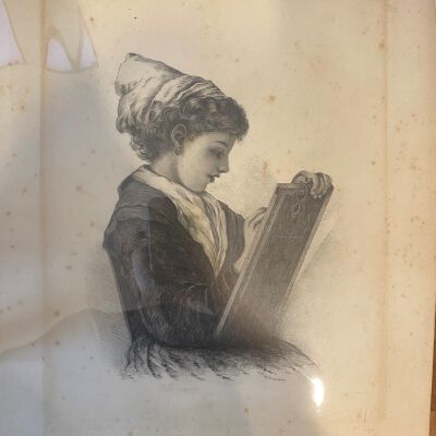 engraving of young woman drawing