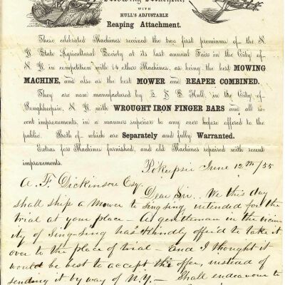 Letter from T.S. Hull to A.F. Dickinson advising shipment of mower for trial to Sing Sing