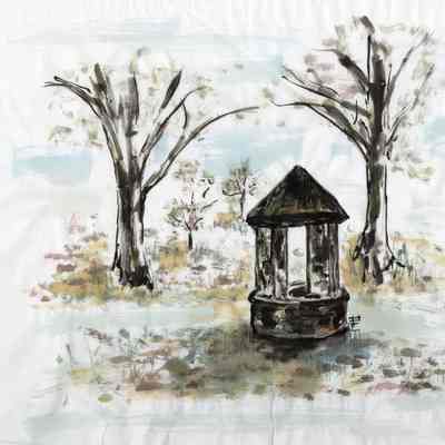 Watercolor Painting of Stone Well on School House Green