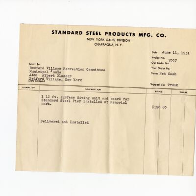 Diving Unit Receipt sold to Bedford Village Recreation Committee