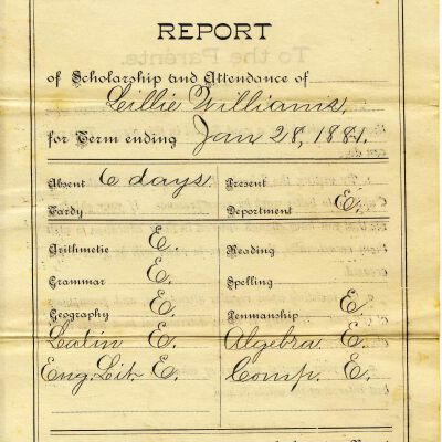 Report Card of Lillian Williams, dated 1881.
