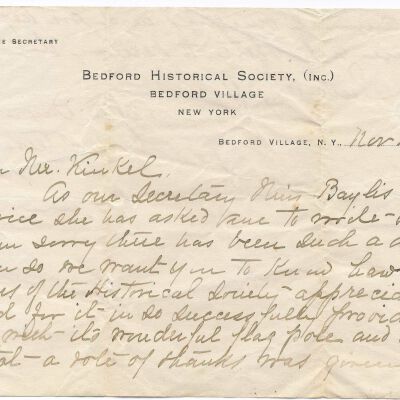 Letter to Mr. Kinkel from Bedford Historical Society relating to gift of flag for the Green