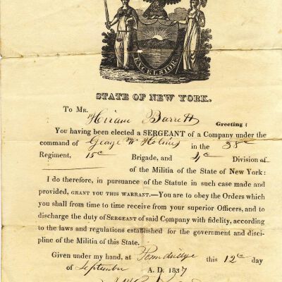 Notice of election to Sergeant for Hiram Barrett in the New York State Militia, 1837