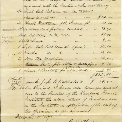 Bill of furniture bought by J.H. Phillips for the Bedford Female Institute, 1871