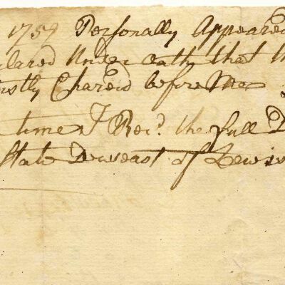 Incomplete record of sworn testimony, includes names of Lewis McDonald and date of 1759