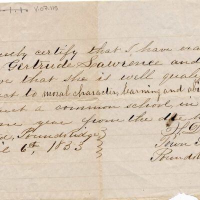 Teaching Certificate of Gertrude Lawrence, 1833