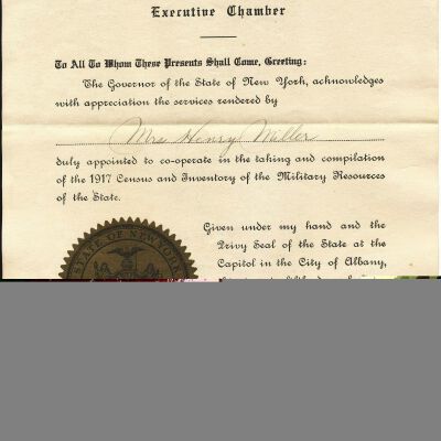 Certificate of Recognition for Mrs. Henry Miller from the Governor of the State of New York, 1917