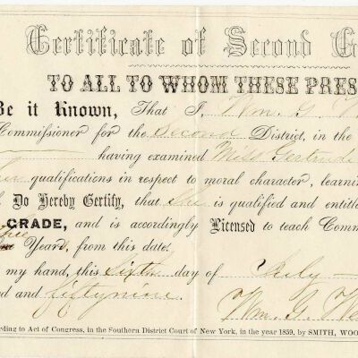 Teaching Certificate of Second Grade for Gertrude Lawrence, 1859
