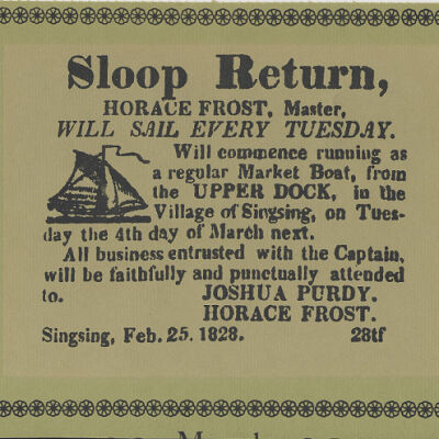 Copy of newspaper advertisement for a "Market Boat" in 1828. Copied onto green paper.