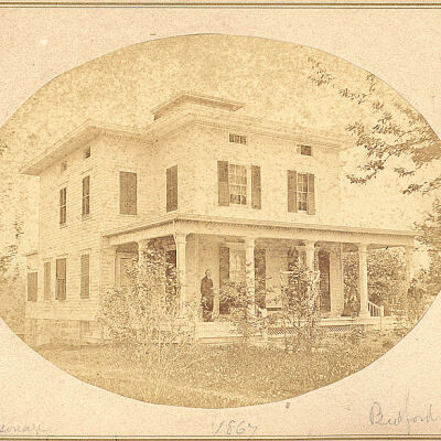 Bedford Presbyterian Church Manse, 1865 - Rev. Peter B. Heroy on porch