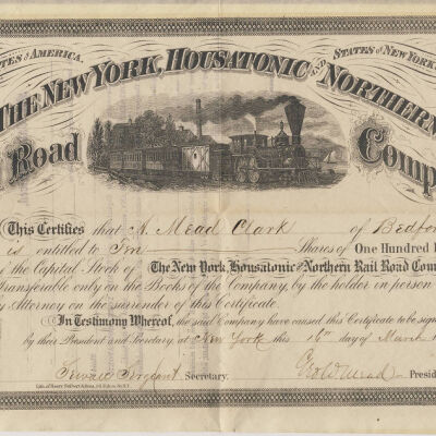 Certificate for ten shares of stock in New York Housatonic and Northern Rail Road Company made out to W. Mead. Clark on March 16, 1867