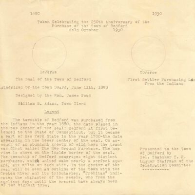Description of token celebrating the 250th anniversary, 1930