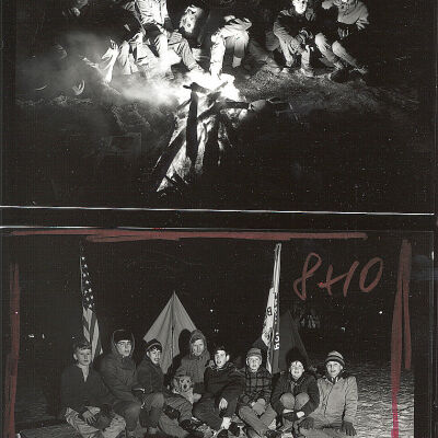 Boy Scouts around campfire on Village Green (troop 129)