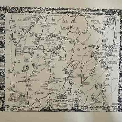 Map of Northern Greenwich, CT before 1875 with illustrations of buildings