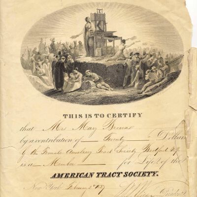 Certificate of contribution to American Tract Society by Mrs. Mary Browne, 1837