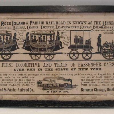 Reprinted advertisement for first locomotive and train of passenger cars in 1831
