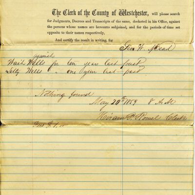 Request for Search of Judgments, etc. to Clerk of County of Westchester, from George W. Mead re: Wait Wells and Letty Wells, 1859