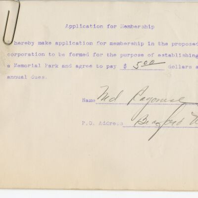 Application for membership slips for Bedford Memorial Park