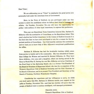 Printed appeal for the election of Barbara B. Kilborne to Town Council, from Harriet Bijur, Women's Republican Club of Bedford Township
