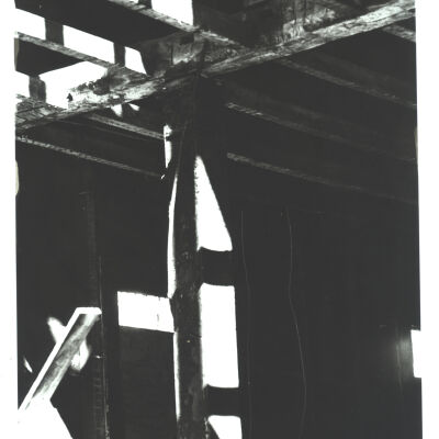 Historical Hall after fire: interior showing columns and beams
