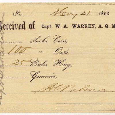 Receipt for 100 sacks of oats and 25 bales of hay, signed by Henry Palmer, 1863