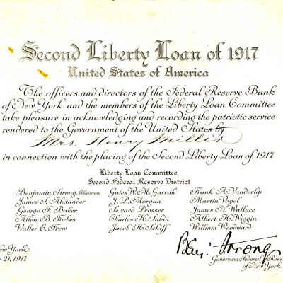 Certificate for Mrs. Henry Miller from the Federal Reserve Bank of New York, 1917
