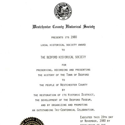 Certificate for the BHS from the Westchester County Historical Society, 1980
