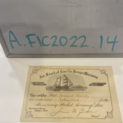 reciept or certificate made out to Frederick Barrett for contribution of fifteen cents to the Missionary Packet, Morning Star