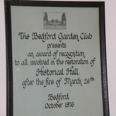 Award of recognition for helping in the restoration of Historical Hall from the Bedfrod Garden Club in 1976.