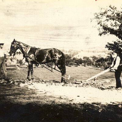 Horse and Plow with two workers