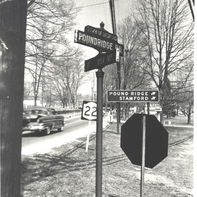 Village Green showing Road Signs at intersection of Rt 22 & 172 (Old Post Rd and Pound Ridge Road)