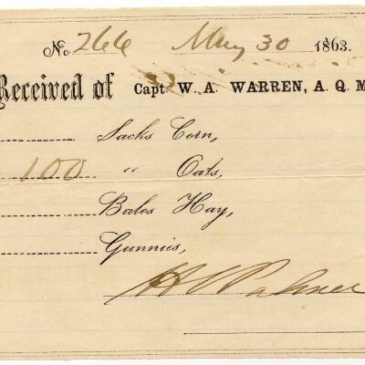 Receipt for 100 sacks of Oats, signed by Henry Palmer, 1863