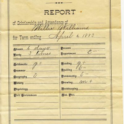 Report Card for Willie Williams, Union Academy, 1883