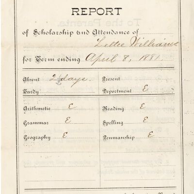 Bedford Academy report card of Lettie Williams