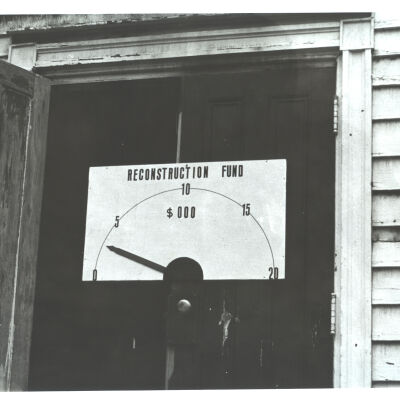Historical Hall after fire: reconstruction fund sign